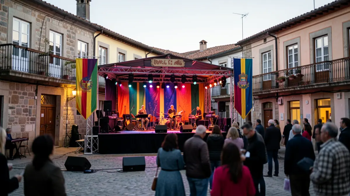 Imagen genérica de un escenario al aire libre en una plaza histórica de Galicia con gente disfrutando de la música.