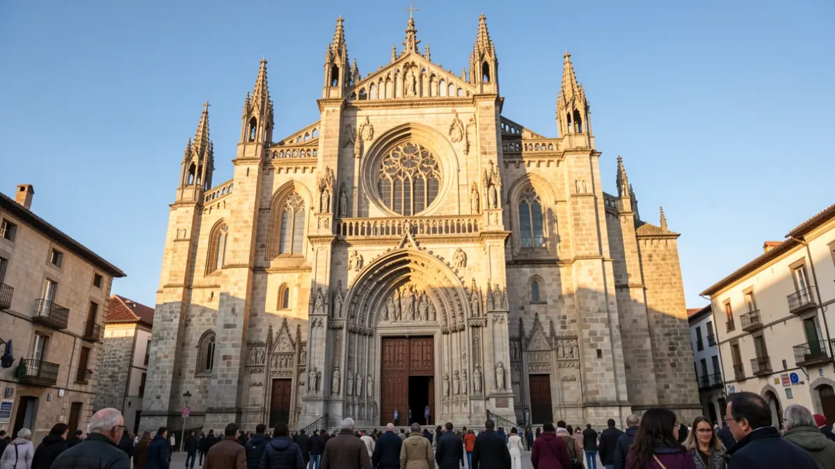 Imagen genérica de una catedral de piedra gallega con luz de tarde.