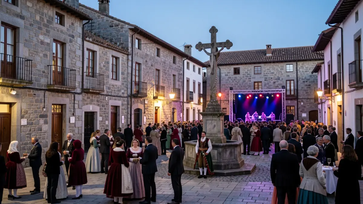 Imaxe xenérica dunha praza galega con xente celebrando unha festa.