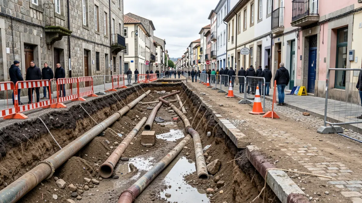 Imaxe xenérica de obras na rúa Milagrosa de Lugo, con tubaxes antigas e barreiras de construción.