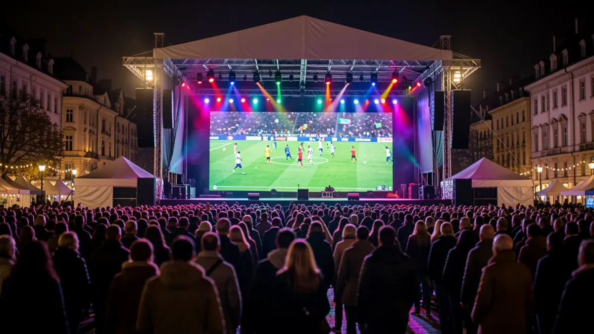 Imagen genérica de un escenario exterior por la noche con una pantalla gigante mostrando un partido de fútbol y una multitud borrosa.
