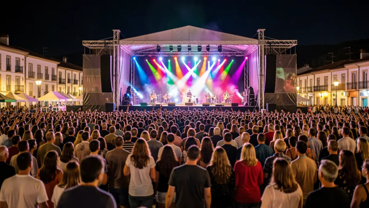 Imaxe xenérica dun festival de música ao aire libre con miles de persoas e luces de cores.