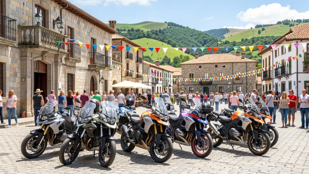 Imagen de una concentración de motocicletas en una plaza de Galicia con arquitectura de granito y colinas verdes al fondo.