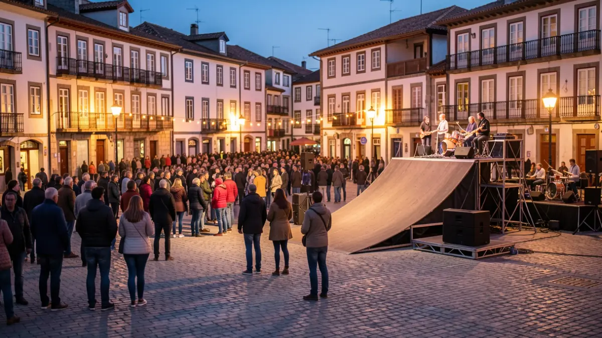 Imagen genérica de una plaza festiva en Galicia con escenario y rampas.