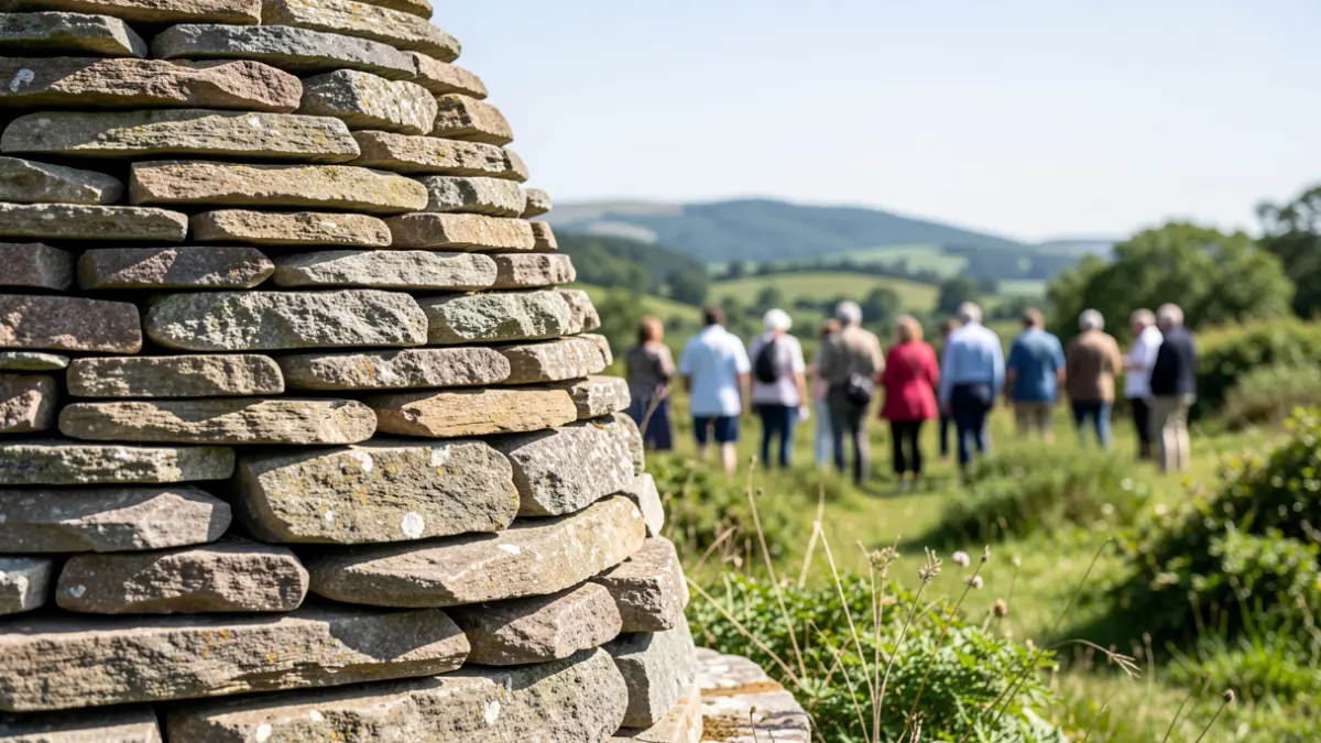 Primeiro plano dunha alvariza tradicional de pedra en Galicia, cun fondo de vexetación e outeiros.