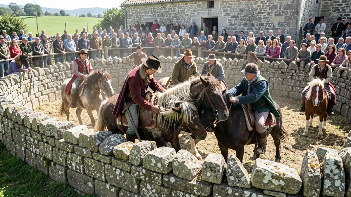 Imagen de un curro tradicional gallego con caballos salvajes durante la Rapa das Bestas en Friol.