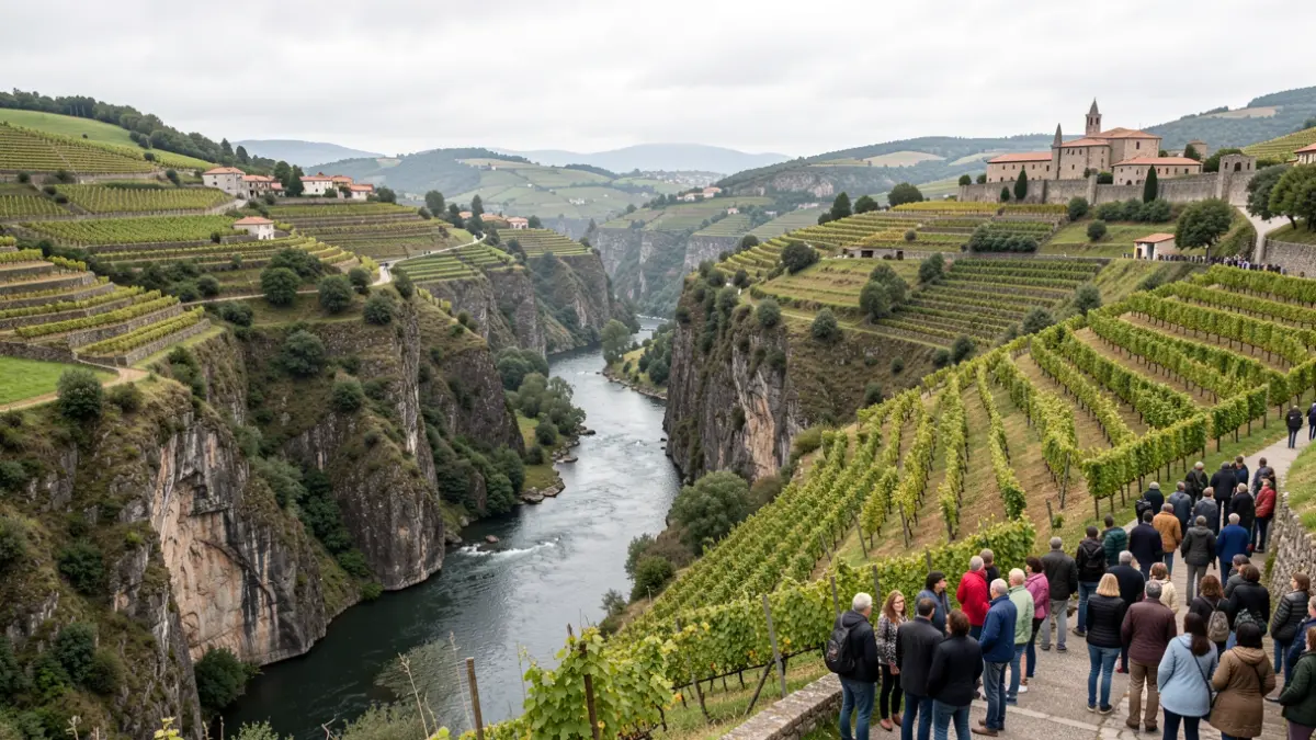 Imaxe panorámica da paisaxe da Ribeira Sacra, con cañóns fluviais, viñedos en socalcos e mosteiros.