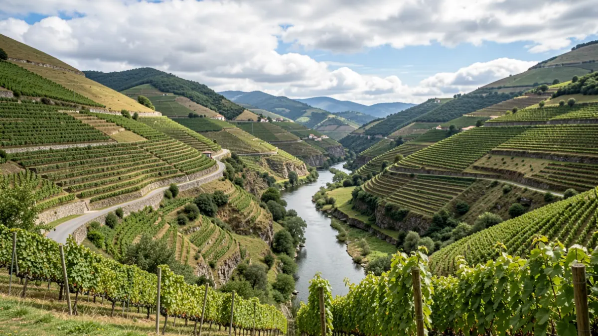 Imaxe xenérica da rexión da Ribeira Sacra en Galicia, con viñedos e un río.