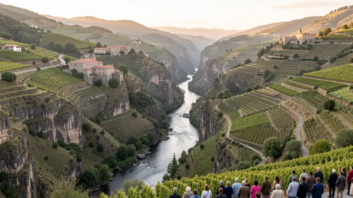 Vista panorámica del paisaje de la Ribeira Sacra, con cañones fluviales, viñedos en terrazas y monasterios.