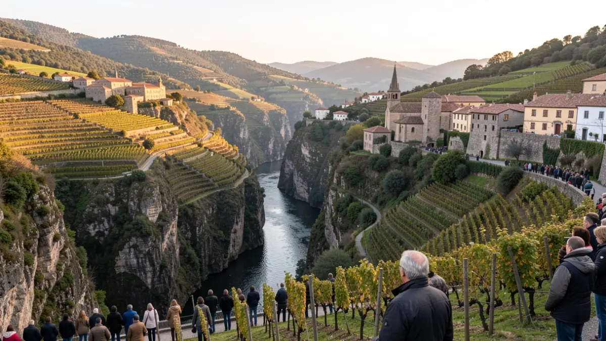Vista panorámica del paisaje de la Ribeira Sacra, con escarpados cañones fluviales, viñedos en terrazas y antiguos monasterios.