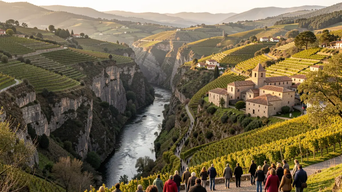 Vista panorámica del paisaje de la Ribeira Sacra gallega, con cañones fluviales escarpados, viñedos en terrazas y monasterios de piedra, bajo la luz de la tarde.