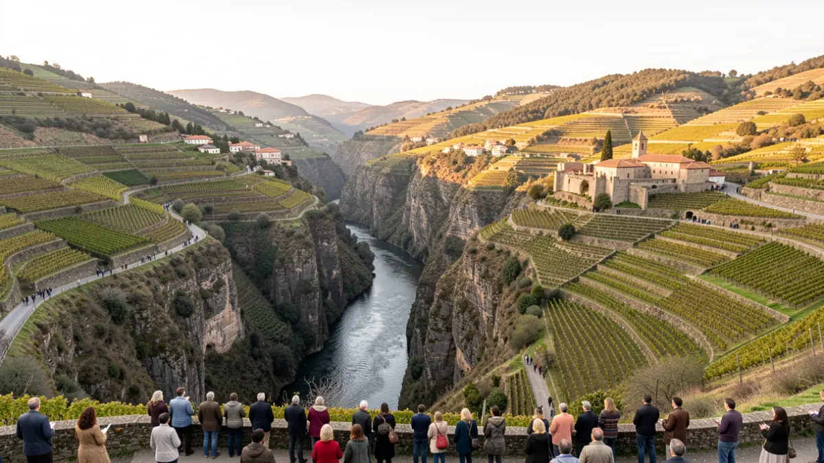 Imagen genérica del paisaje de la Ribeira Sacra con cañones fluviales, viñedos en terrazas y monasterios.