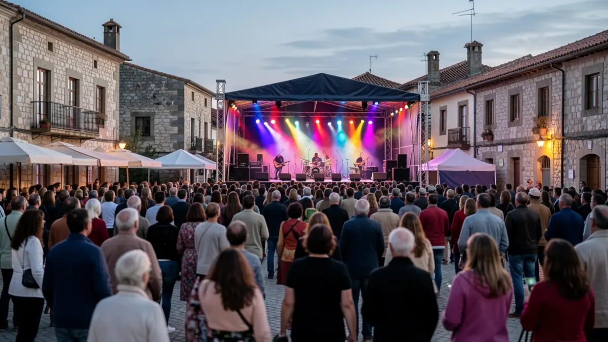 Imagen de un festival de música al aire libre en una plaza gallega al atardecer, con luces y público.