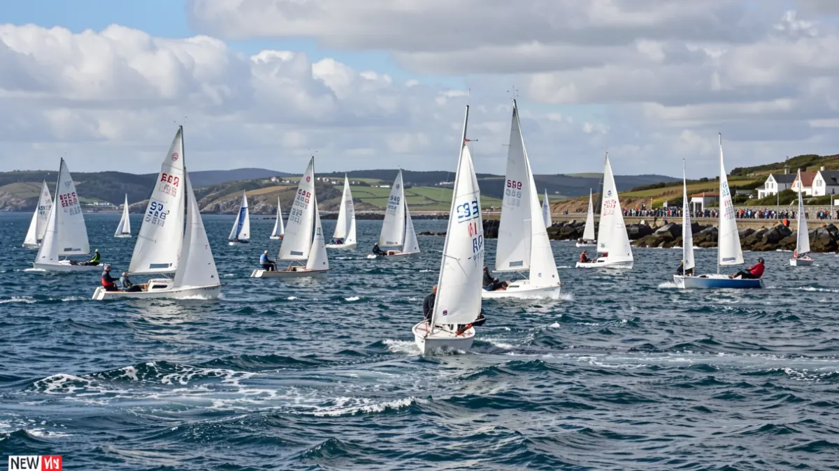 Imagen de una regata de vela con múltiples barcos en el agua y la costa gallega de fondo.