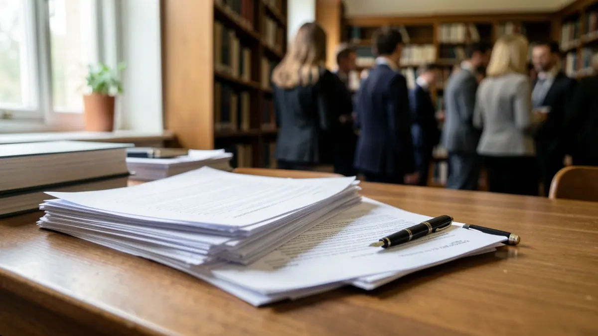 Imaxe xenérica de documentos académicos sobre unha mesa de estudo.