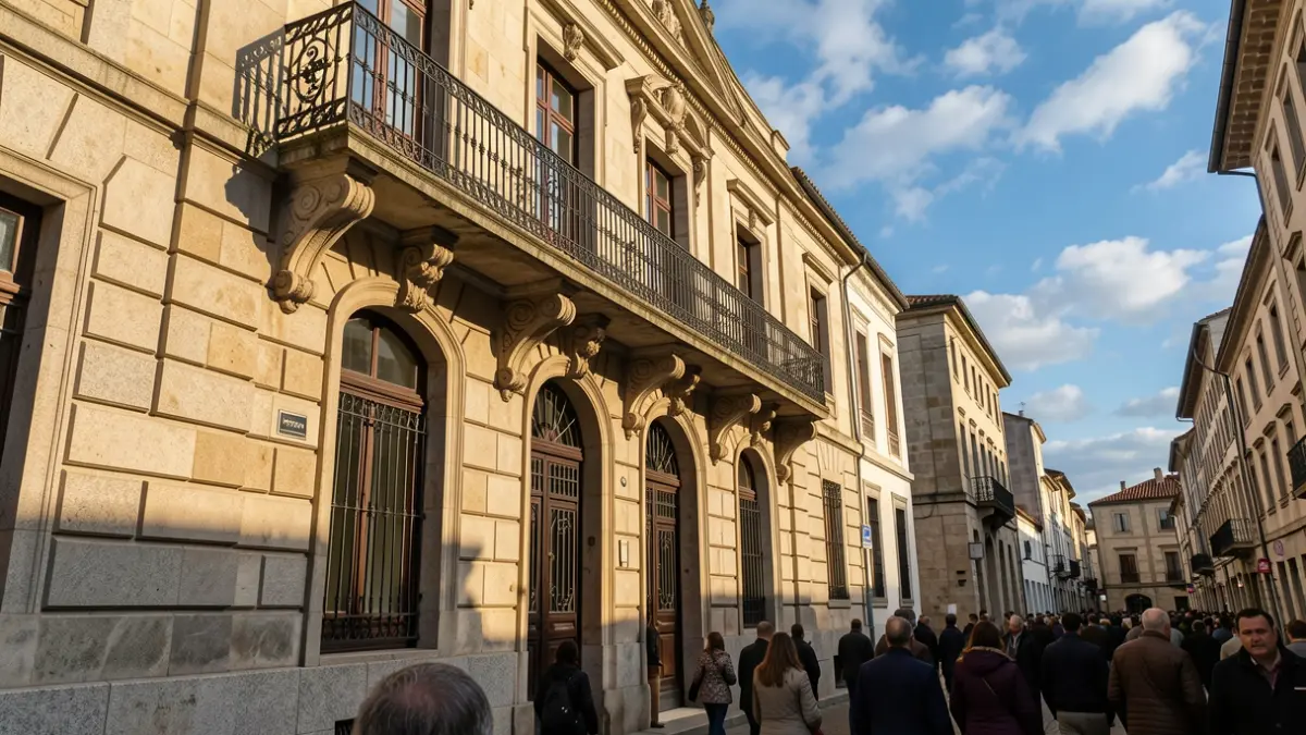 Imagen genérica de una fachada de ayuntamiento gallego de piedra con balcón de hierro y detalles de granito, a la luz de la tarde.
