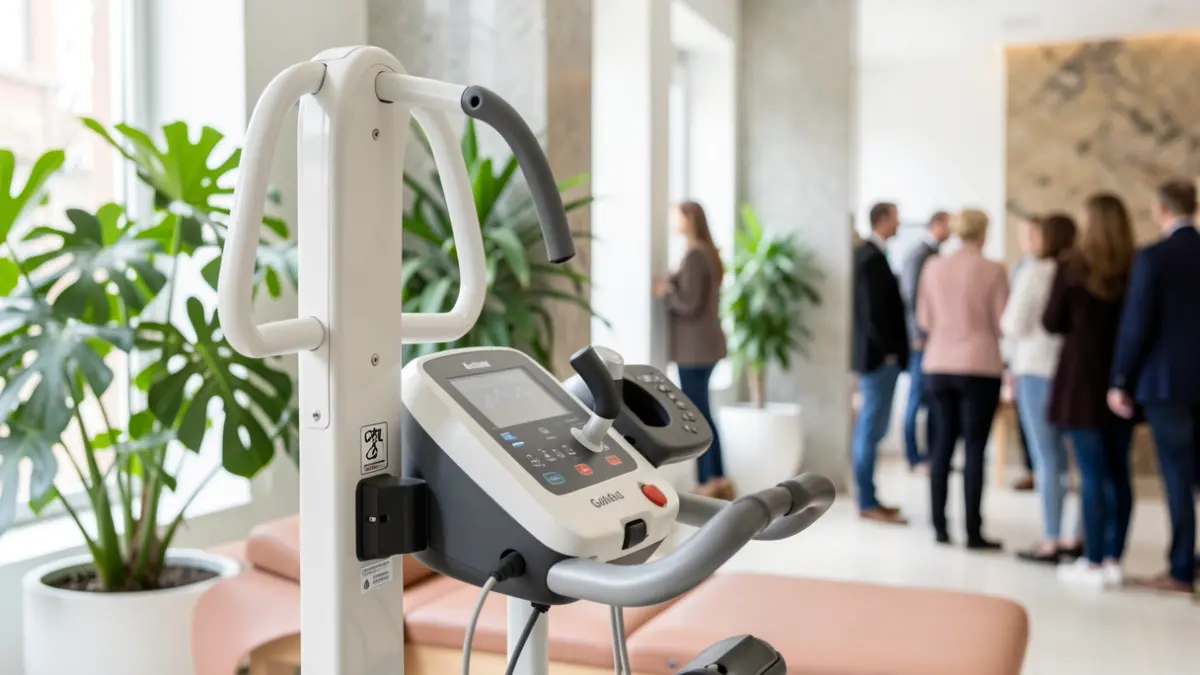 Primeiro plano de equipamento especializado de fisioterapia nunha sala de terapia luminosa e moderna, con plantas verdes desenfocadas e un toque de arquitectura de granito galega ao fondo.