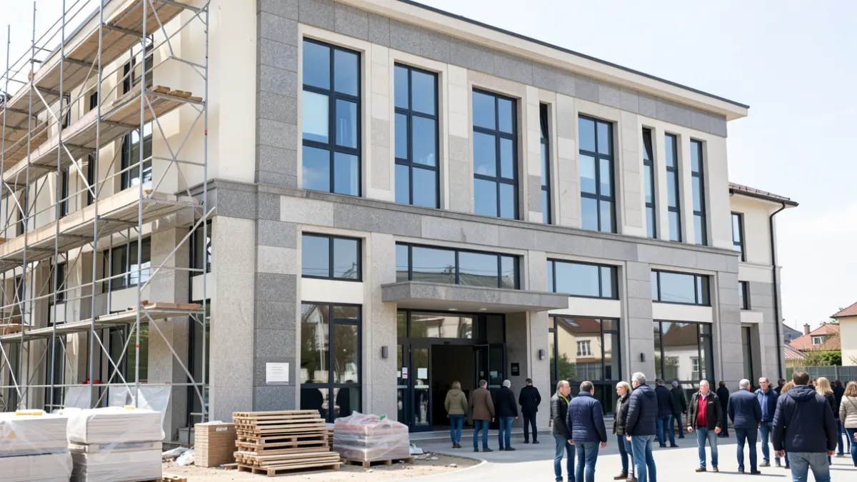 Imaxe xenérica dun edificio polivalente en construción con elementos arquitectónicos galegos.