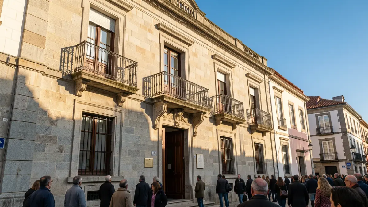 Imagen genérica de un ayuntamiento gallego de granito con balcón ornamentado.
