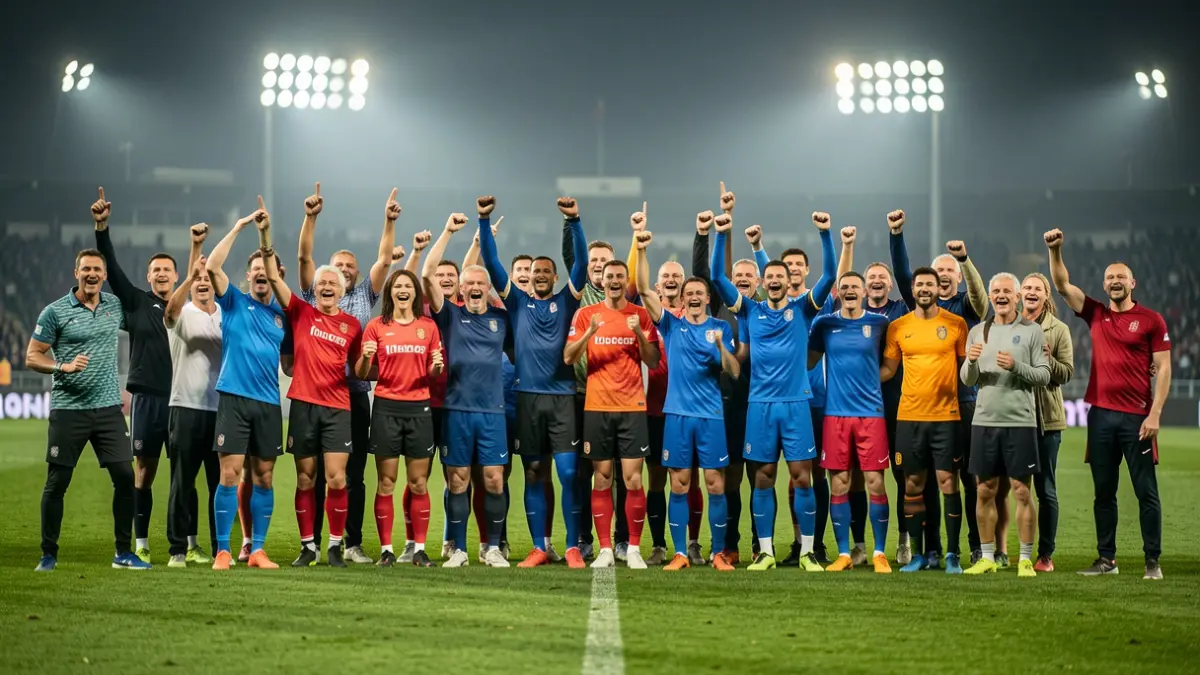 Imagen genérica de deportistas celebrando en un campo de fútbol con luces de estadio difuminadas.
