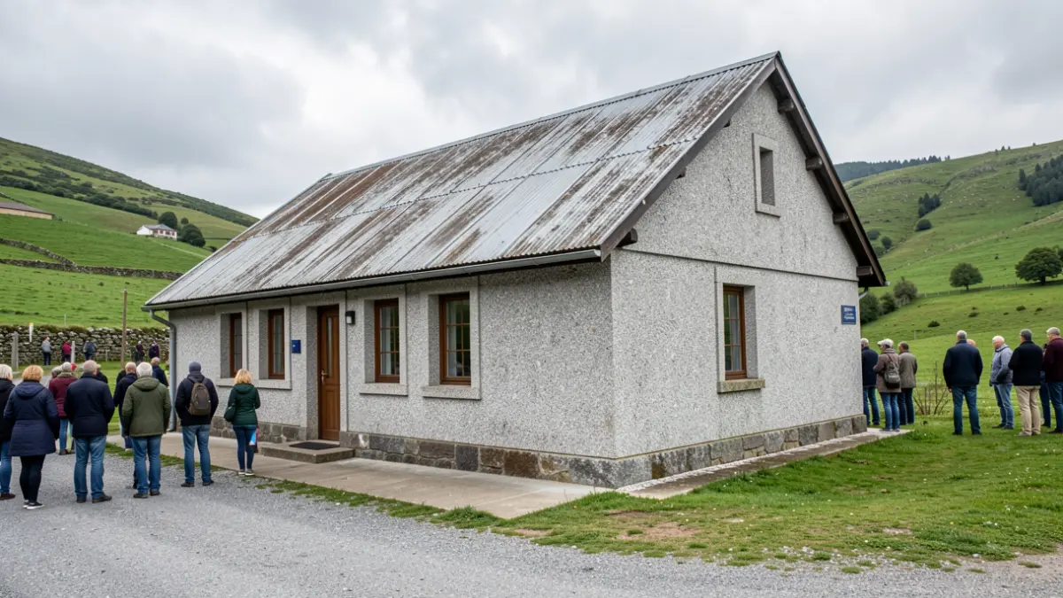 Imaxe xenérica dun centro comunitario rural en Galicia con fachada de granito e tellado funcional.