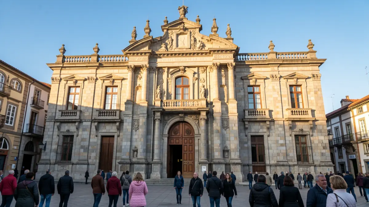 Fachada do Salón Teatro en Santiago de Compostela, un edificio histórico de granito baixo o sol da tarde.