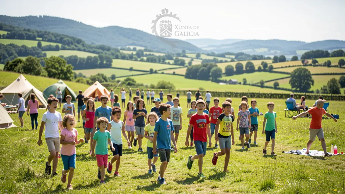 Imaxe xenérica de nenos e mozas participando en actividades de campamento de verán nunha contorna verde galega.