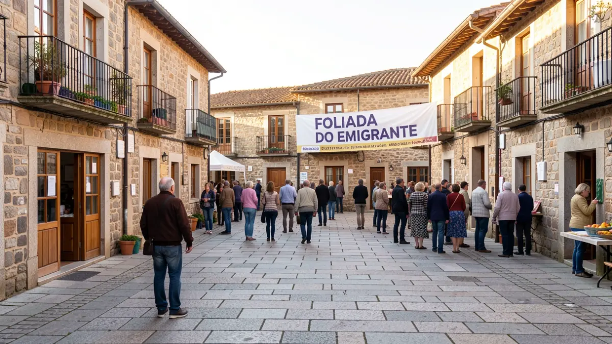 Imaxe dunha praza galega con bandeira do evento 'Foliada do Emigrante'.
