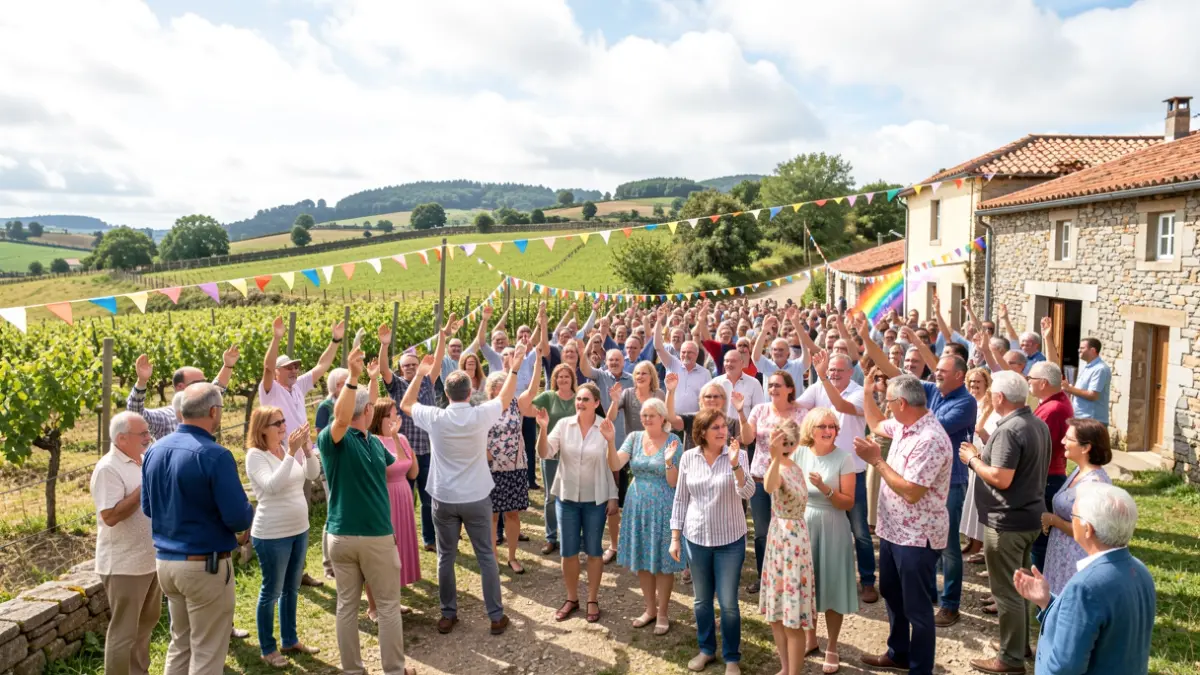 Imaxe xenérica dun grupo diverso de persoas celebrando nun contorno rural galego con elementos do arco da vella.