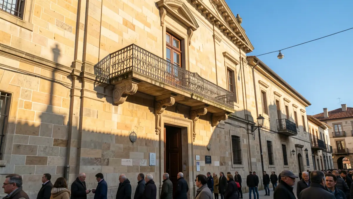 Imaxe xenérica dun edificio institucional de pedra galego con balcón ornamentado e raís de ferro, luz solar cálida da tarde.