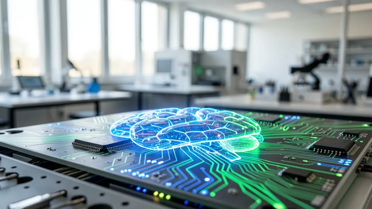 Imagen genérica de un circuito de inteligencia artificial con luces azules y verdes.