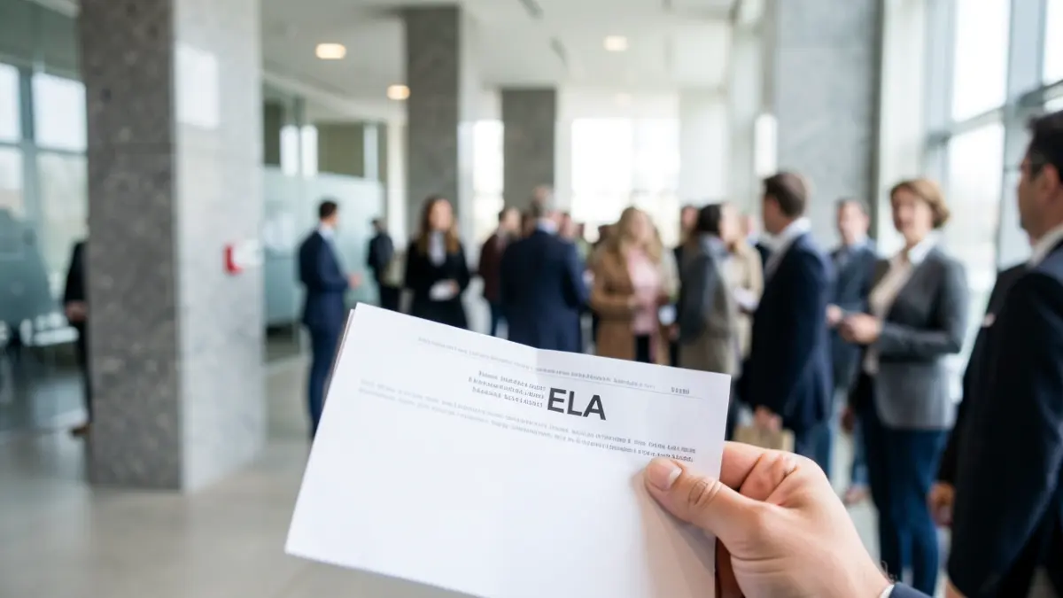 Primeiro plano dunha man sostendo un documento médico co texto 'ELA' visible, fondo desfocado dunha oficina moderna con elementos arquitectónicos de granito, luz natural suave.