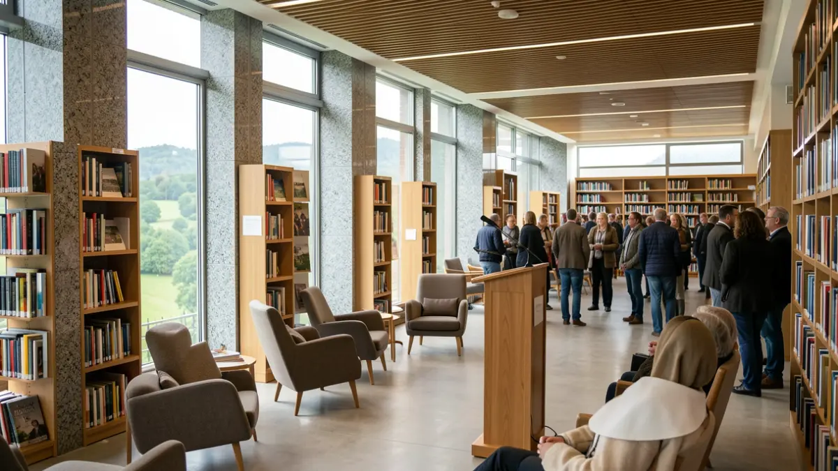 Imagen de una biblioteca moderna gallega con atril y micrófono.