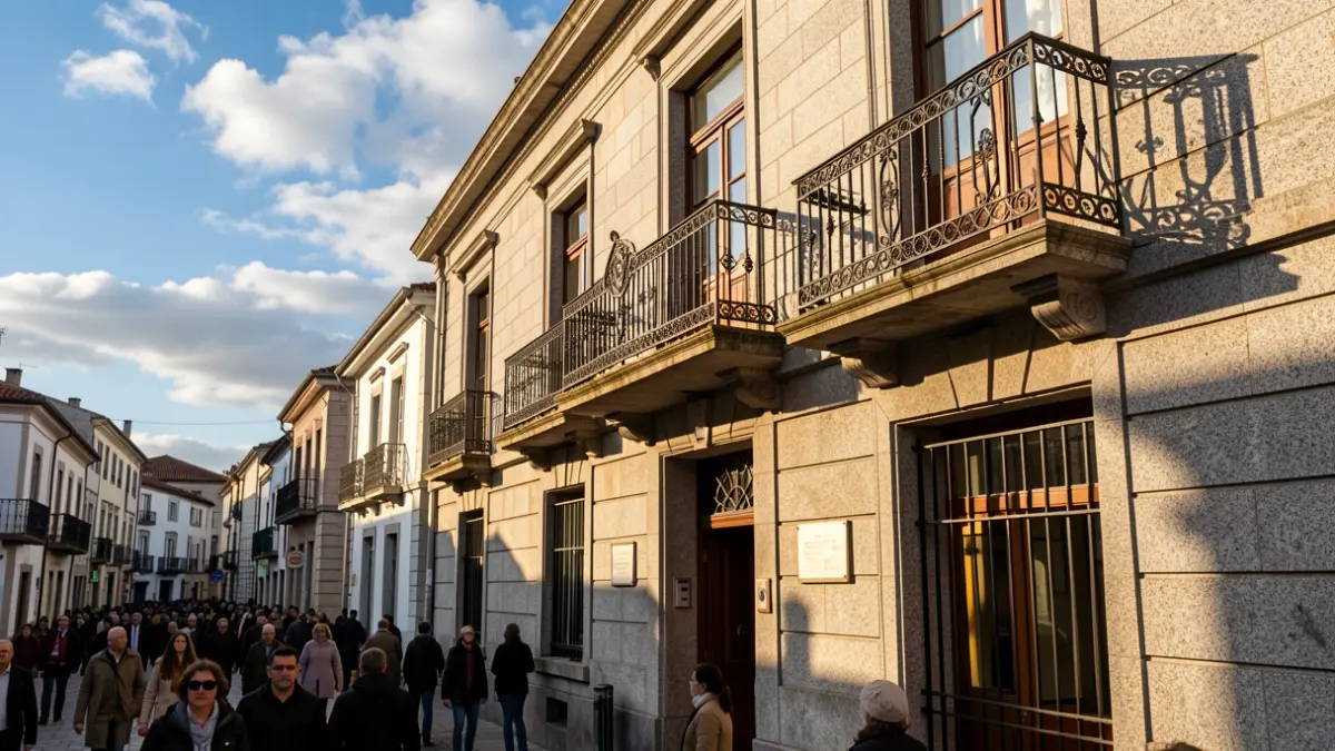 Imagen genérica de un ayuntamiento de granito gallego con balcón de hierro, a la luz del sol de la tarde.