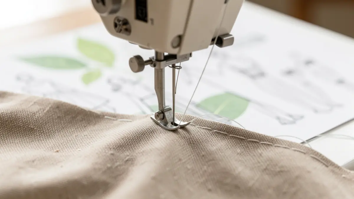 Primer plano de una máquina de coser con tela y hojas verdes, simbolizando la producción local y la sostenibilidad.
