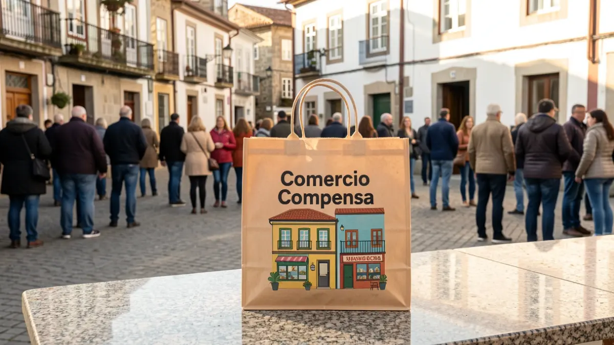 Imagen de una bolsa de tela de la campaña 'Comercio Compensa' sobre un mostrador de granito.