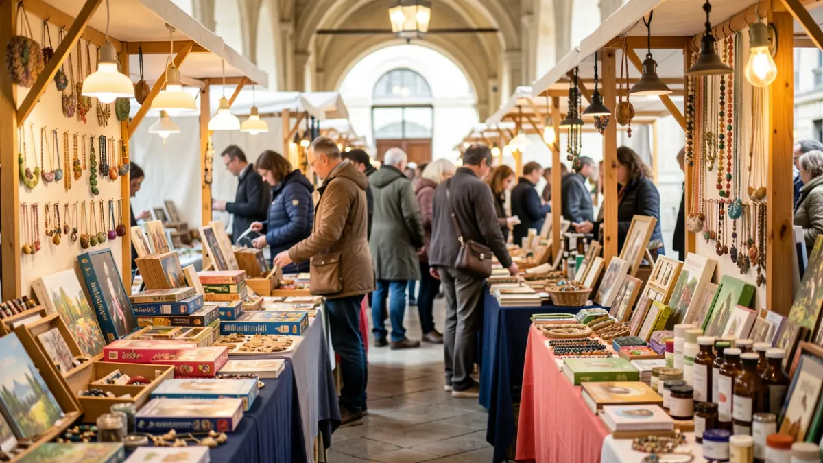 Imaxe dun mercado interior con diversos produtos artesanais como xogos de mesa, xoiería e cosmética natural.