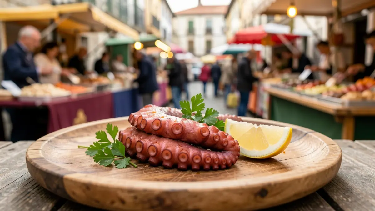 Primer plano dun tentáculo de polbo cocido nun prato de madeira rústico, adornado con perexil e unha rodela de limón, cun fondo difuminado dun mercado gastronómico festivo en Galicia.
