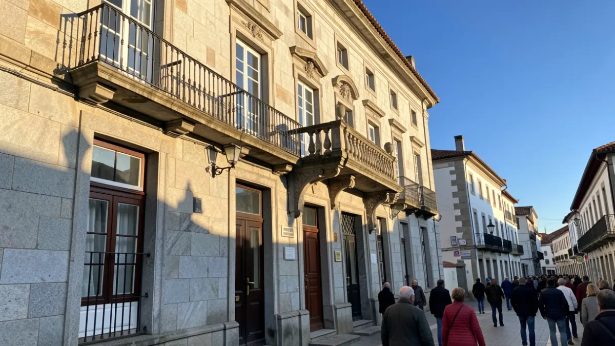 Imagen genérica de una casa consistorial gallega de granito con balcón ornamentado y rejas de hierro, bajo la luz cálida de la tarde.