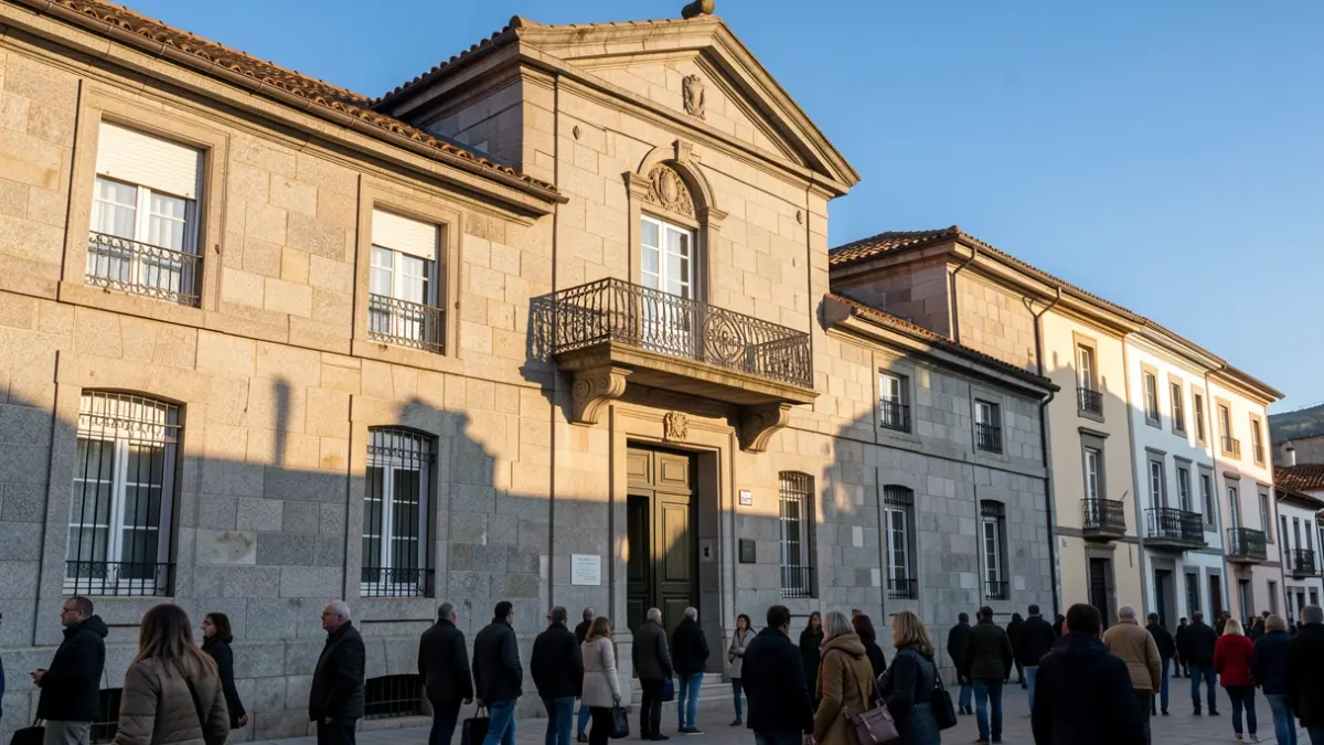 Imaxe xenérica dun concello galego de granito con balcón e sol de tarde.