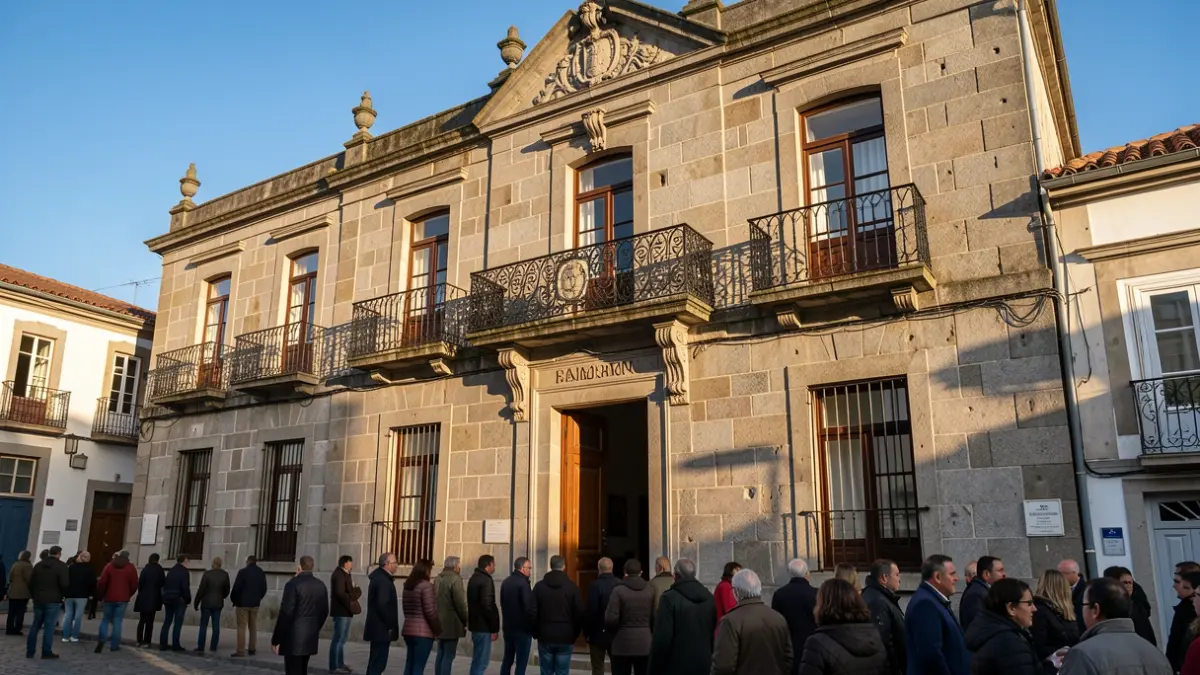 Fachada dun concello galego de granito con balcón e varanda de ferro, baixo a luz do sol da tarde.