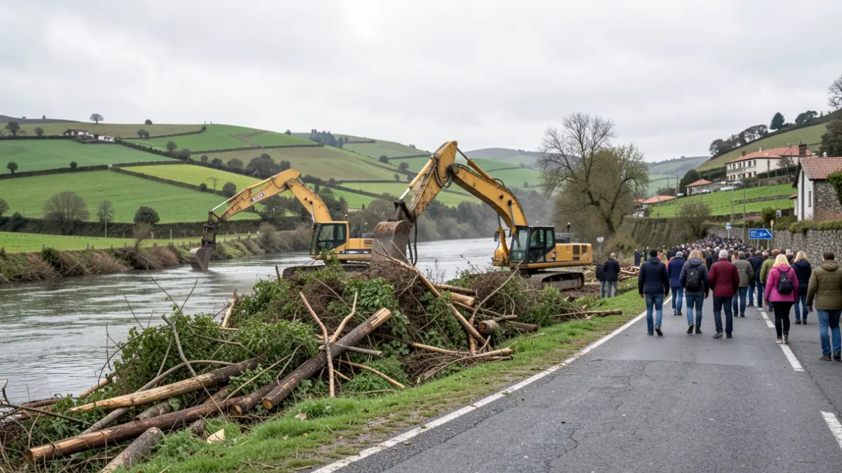 Maquinaria pesada trabajando en la retirada de restos vegetales y sedimentos en un margen de la carretera OU-533.