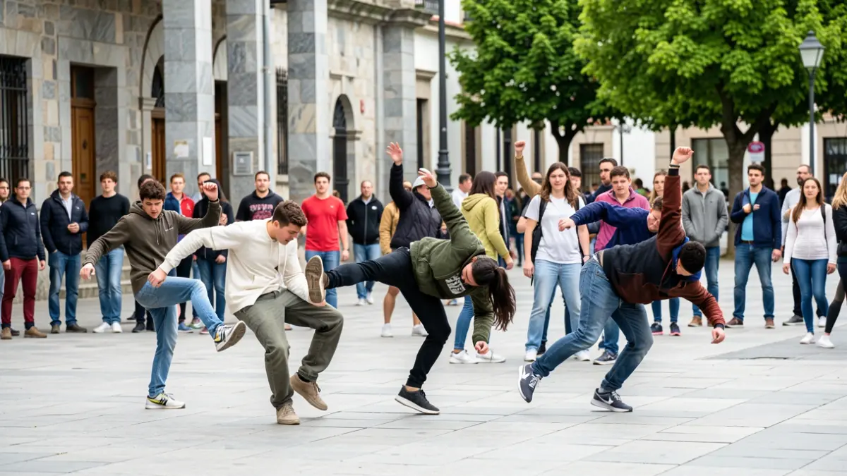 Imaxe xenérica de mozos facendo breakdance nunha praza galega con arquitectura de granito.