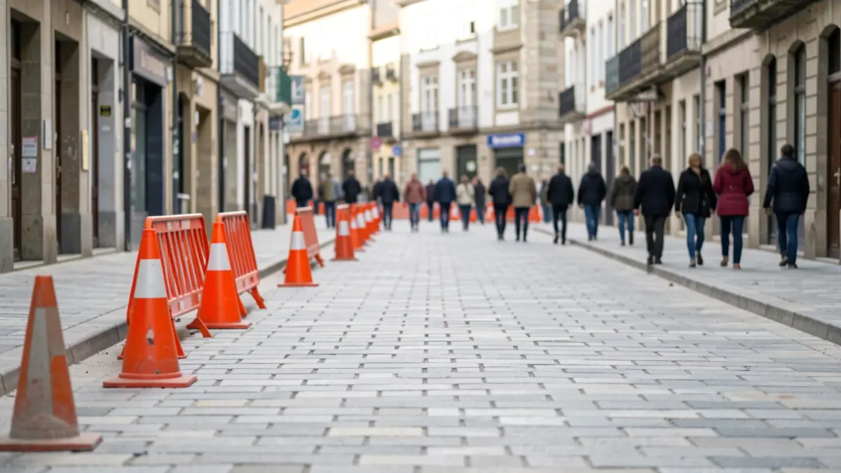 Imaxe dunha rúa en obras con sinalización de tráfico nunha contorna urbana.