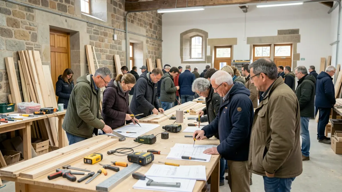 Imagen de un grupo de personas desempleadas participando en un taller de formación profesional en construcción y urbanismo en Galicia.