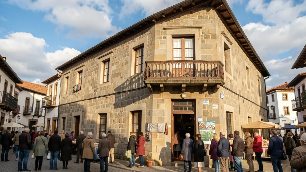 Imaxe xenérica dun mercado tradicional de pedra en Galicia con balcón ornamentado.
