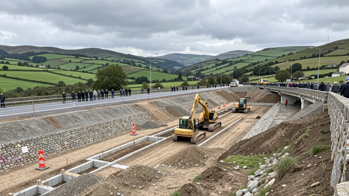 Imaxe dunha obra de ampliación de autovía en Vimianzo, con maquinaria pesada e inicio da construción de viadutos.