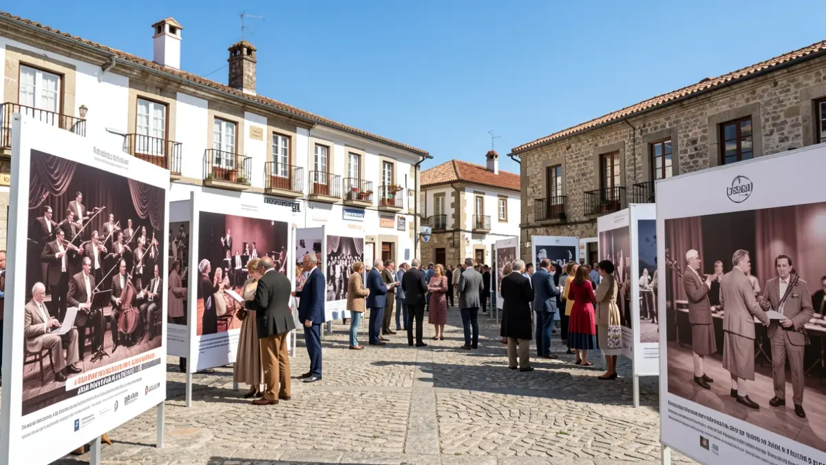 Imagen de una exposición al aire libre sobre orquestas de verbena en Galicia, con una multitud observando carteles antiguos.