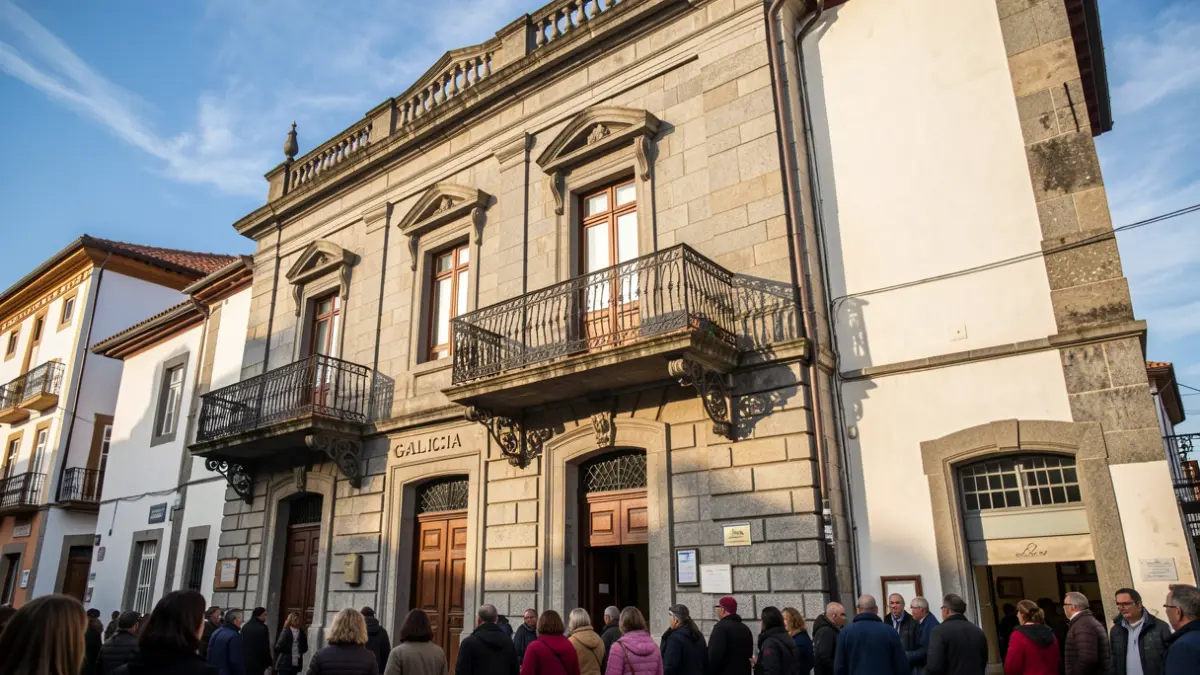 Imagen genérica de un ayuntamiento gallego de granito con balcón de hierro, a la luz del sol de la tarde.