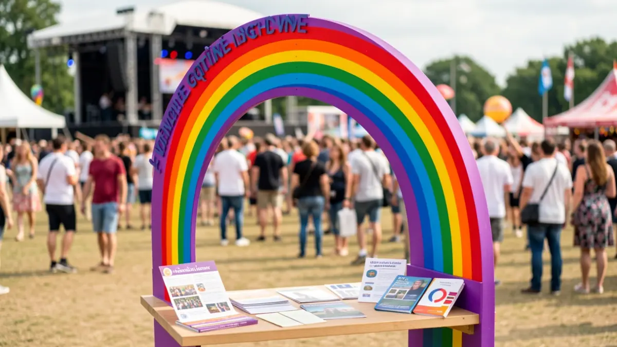 Punto de información lila e arcoíris nun festival de música, promovendo a igualdade e o apoio LGTBI+.